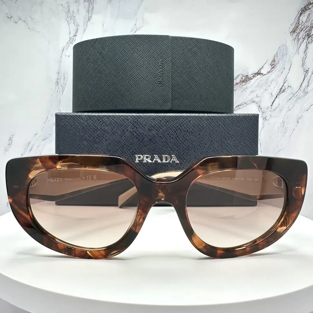 NEW PRADA Sunglasses Brown Tortoise Caramel Gold Symbole Oval Cat Eye Womens